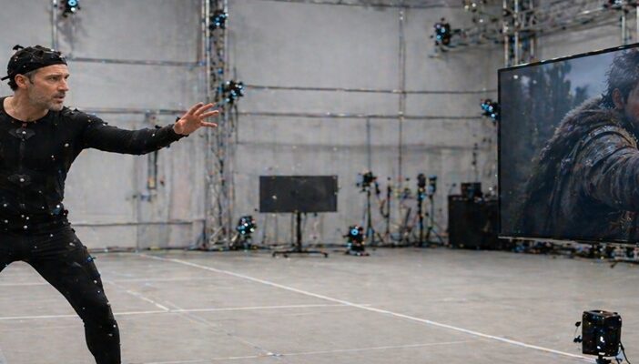 Troy Baker inspired voice actor working in motion capture and game development environment