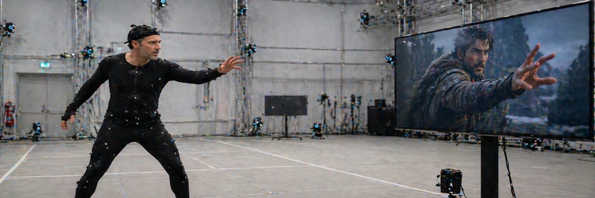 Troy Baker inspired voice actor working in motion capture and game development environment