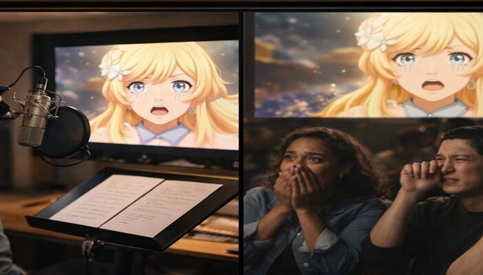 Voice actor recording animated character while fans react to casting changes