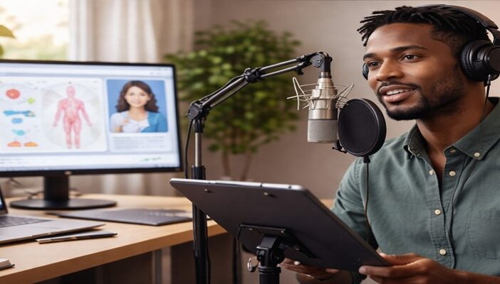 Voice actor recording educational narration for eLearning content in studio