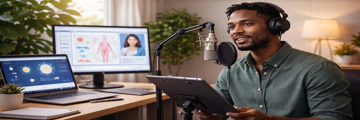 Voice actor recording educational narration for eLearning content in studio