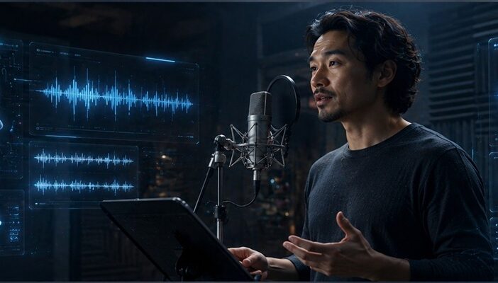 Voice actor in recording studio beside futuristic AI speech interface