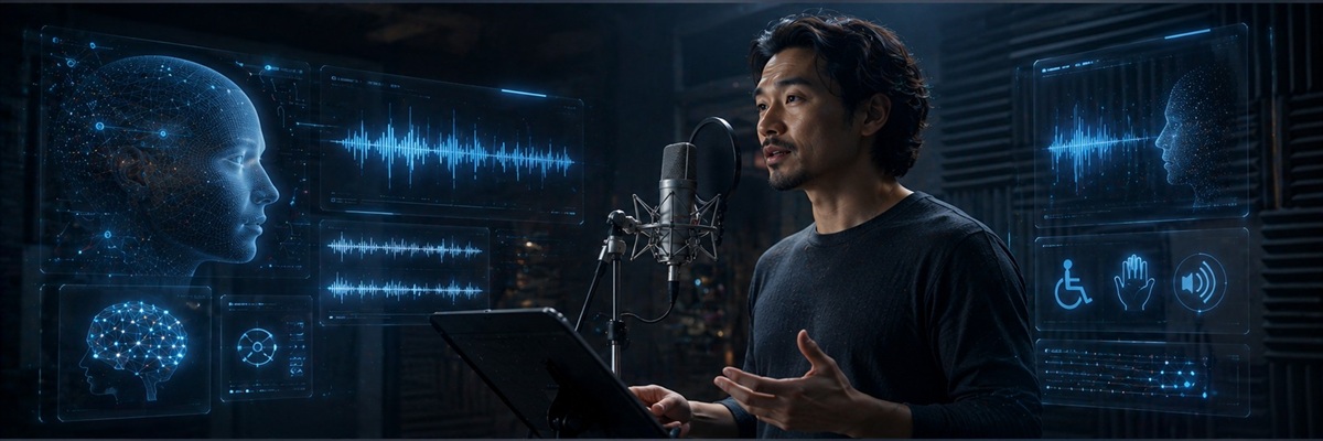 Voice actor in recording studio beside futuristic AI speech interface
