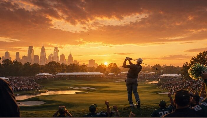 Philadelphia-inspired sports promo artwork featuring a golf championship atmosphere and gritty city energy