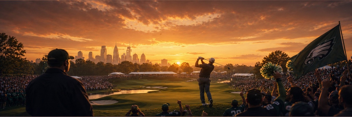 Philadelphia-inspired sports promo artwork featuring a golf championship atmosphere and gritty city energy