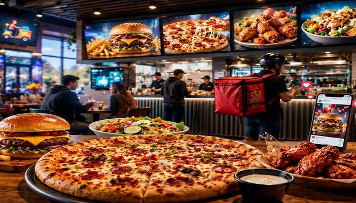 Modern restaurant advertising scene with cinematic food presentation and digital commercial atmosphere