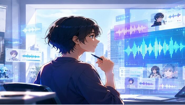 Anime-inspired voice acting and AI technology concept with dramatic digital media atmosphere