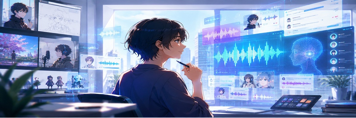 Anime-inspired voice acting and AI technology concept with dramatic digital media atmosphere