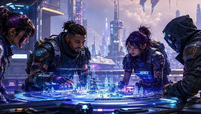Futuristic multiplayer sci-fi team assembled inside a stylized neon game world inspired by modern narrative shooters