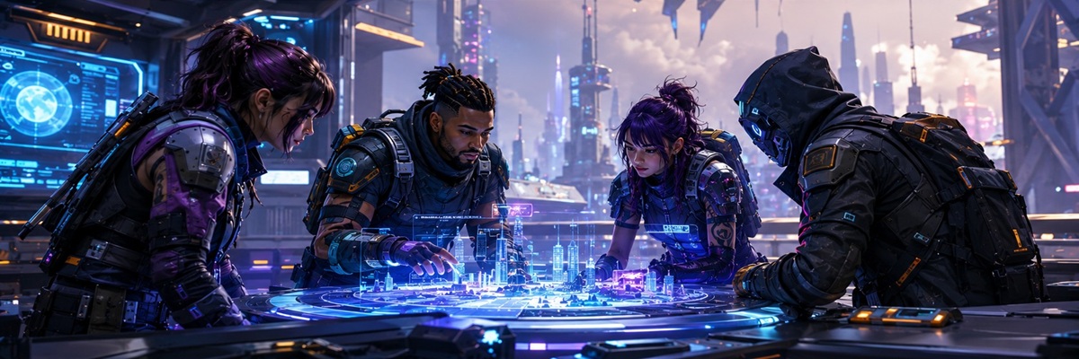 Futuristic multiplayer sci-fi team assembled inside a stylized neon game world inspired by modern narrative shooters