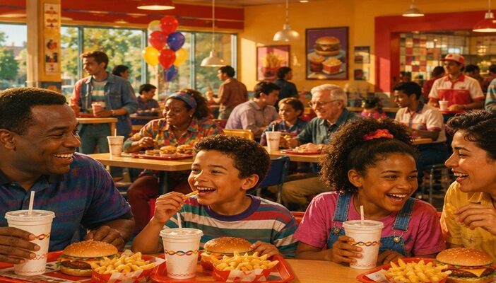 Bright retro-inspired fast-food restaurant scene with joyful family atmosphere and classic commercial energy