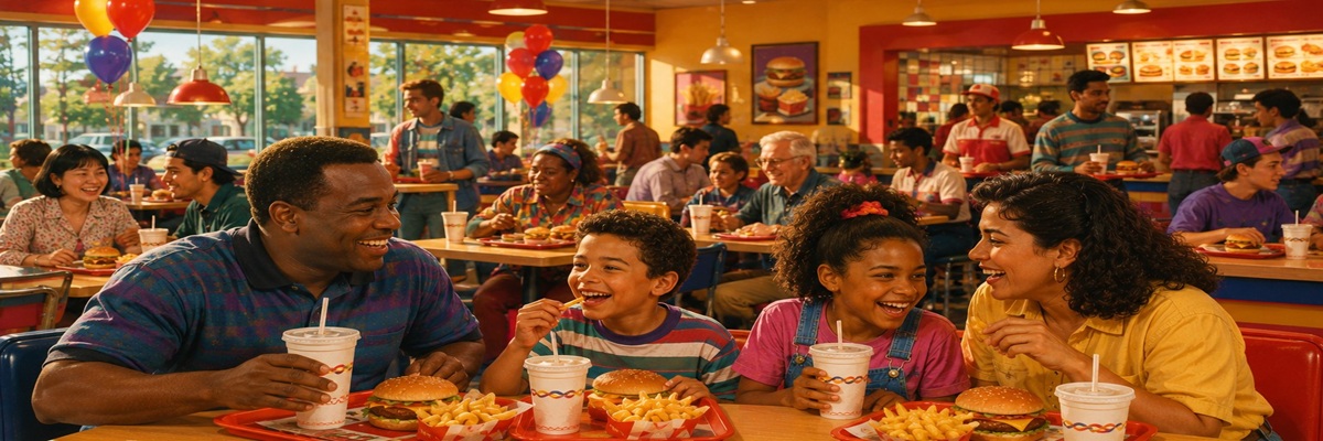Bright retro-inspired fast-food restaurant scene with joyful family atmosphere and classic commercial energy