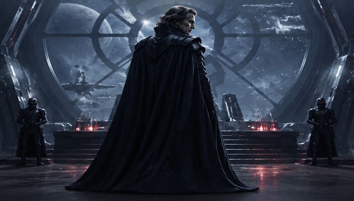 Dark sci-fi villain standing in a futuristic corridor as discussions about a classic space fantasy film continue decades later