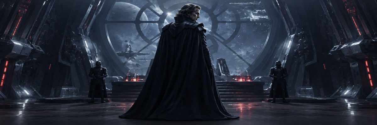 Dark sci-fi villain standing in a futuristic corridor as discussions about a classic space fantasy film continue decades later