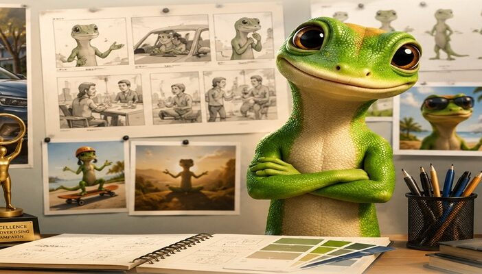 Animated gecko advertising mascot standing confidently in a modern commercial campaign setting