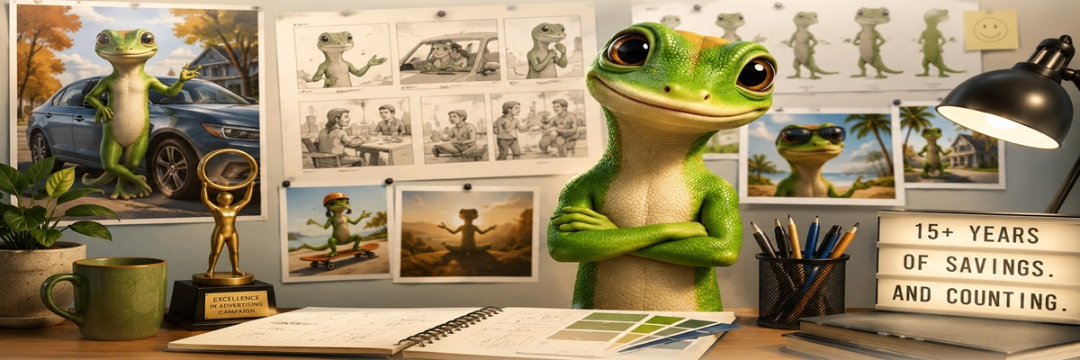 Animated gecko advertising mascot standing confidently in a modern commercial campaign setting