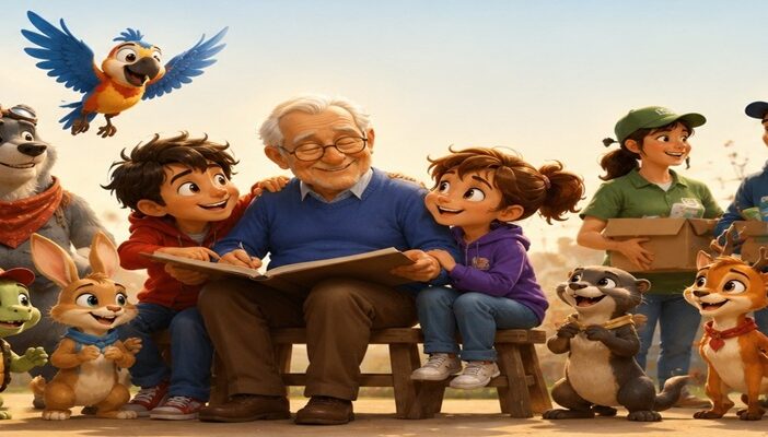 Illustrated tribute to legendary voice actor Jim Cummings featuring a friendly cartoon bear and other character-inspired figures in a community setting