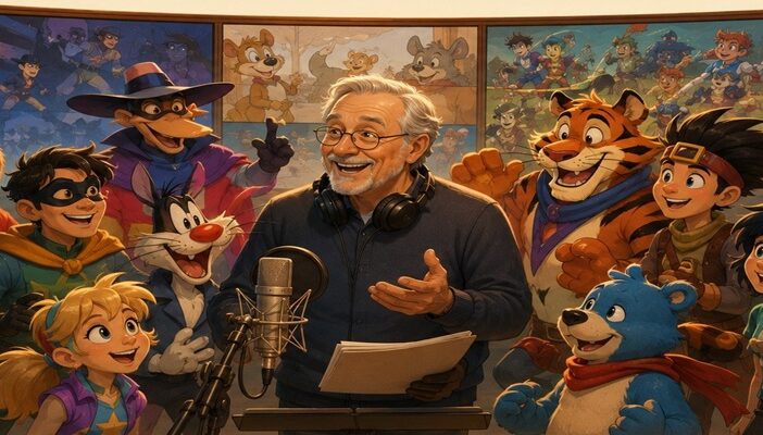 Illustrated tribute to Jim Cummings' animation legacy featuring original cartoon-inspired characters from multiple eras of animation