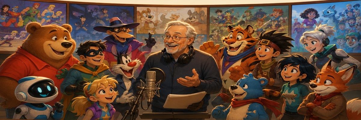 Illustrated tribute to Jim Cummings' animation legacy featuring original cartoon-inspired characters from multiple eras of animation