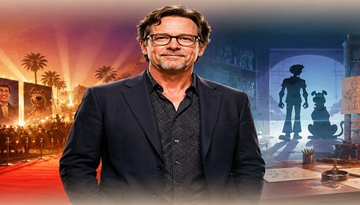Matthew Lillard featured in an editorial-style image representing the debate over celebrity casting and professional voice acting in animation.