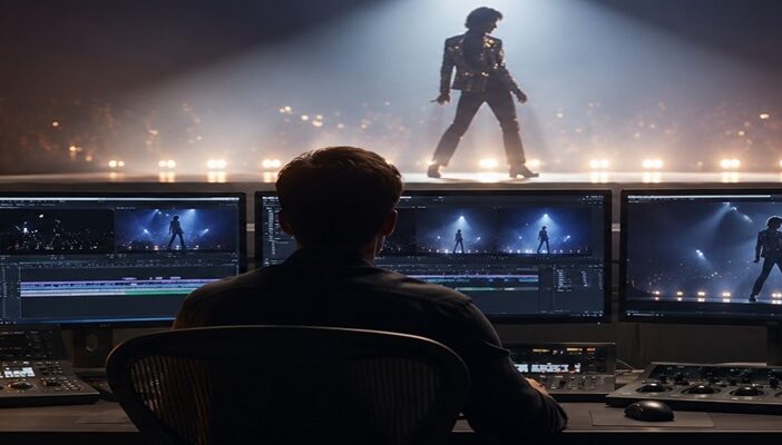 Editorial illustration of a film editing studio with concert footage and a silhouetted performer representing the post-production of a music biopic.