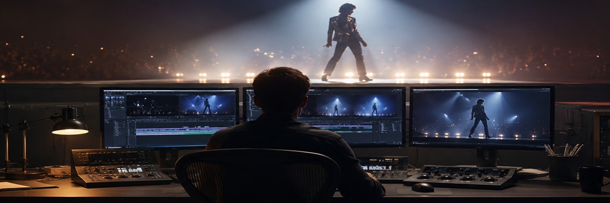 Editorial illustration of a film editing studio with concert footage and a silhouetted performer representing the post-production of a music biopic.
