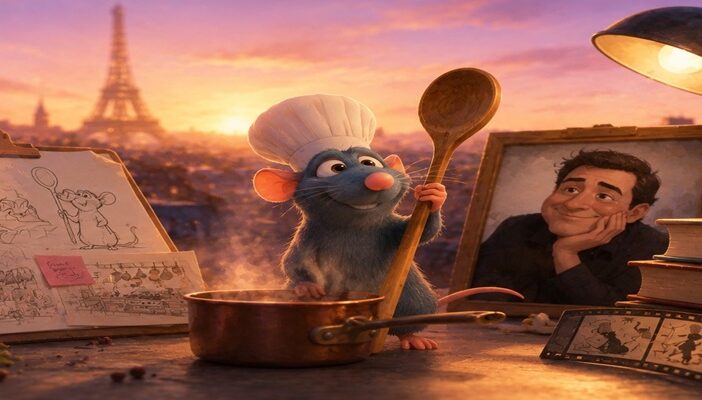 Animated chef character in a Paris-inspired restaurant kitchen representing the enduring popularity of a beloved animated film