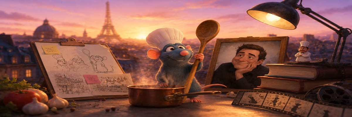 Animated chef character in a Paris-inspired restaurant kitchen representing the enduring popularity of a beloved animated film