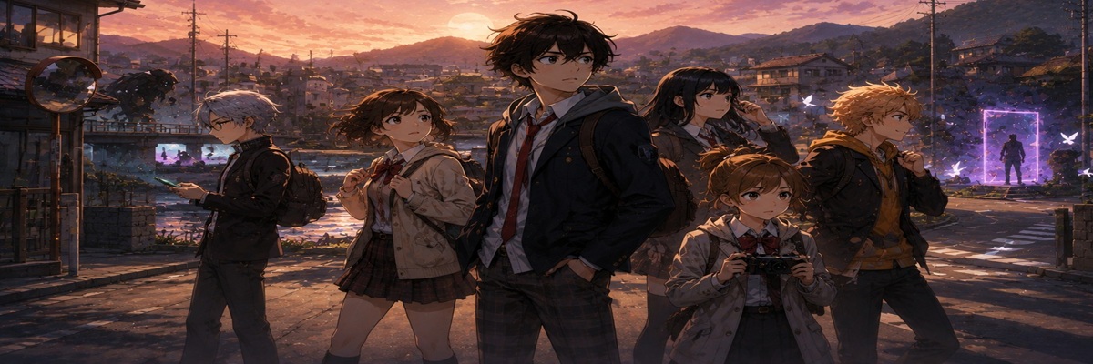 Anime-inspired role-playing game characters gathering in a small town as a new generation of voice actors takes over iconic roles