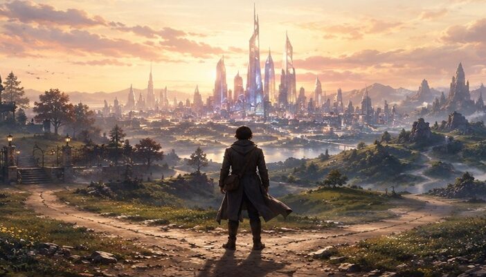 Illustration of a lone traveler standing at a crossroads overlooking a gothic manor, futuristic city, and fantasy landscape, symbolizing the storytelling and diverse worlds found in narrative adventure games.