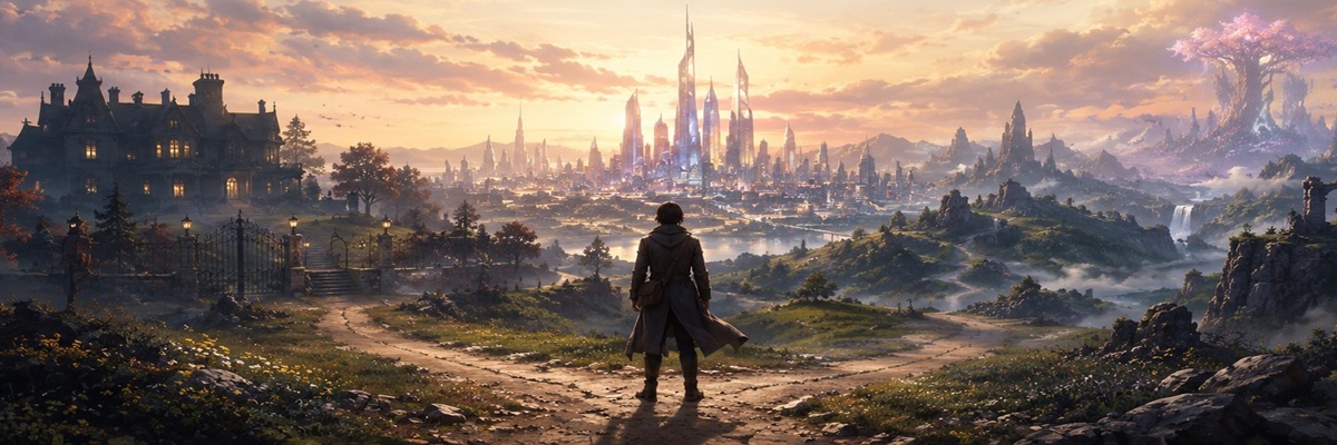 Illustration of a lone traveler standing at a crossroads overlooking a gothic manor, futuristic city, and fantasy landscape, symbolizing the storytelling and diverse worlds found in narrative adventure games.