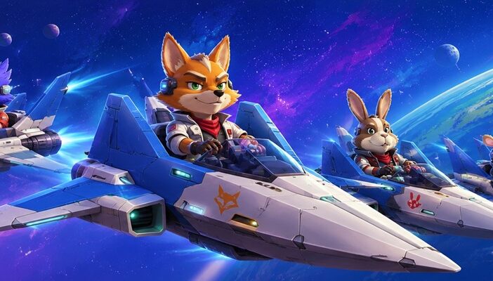 A stylized anthropomorphic fox pilot leading a futuristic space squadron through a colorful sci-fi galaxy
