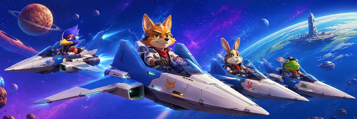 A stylized anthropomorphic fox pilot leading a futuristic space squadron through a colorful sci-fi galaxy