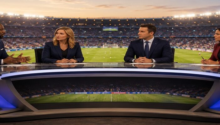 International sports broadcasters and commentators covering a major football tournament from a modern broadcast studio