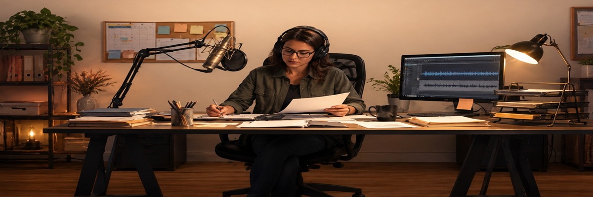 Professional voice actor working in a home studio while managing the business side of a freelance creative career
