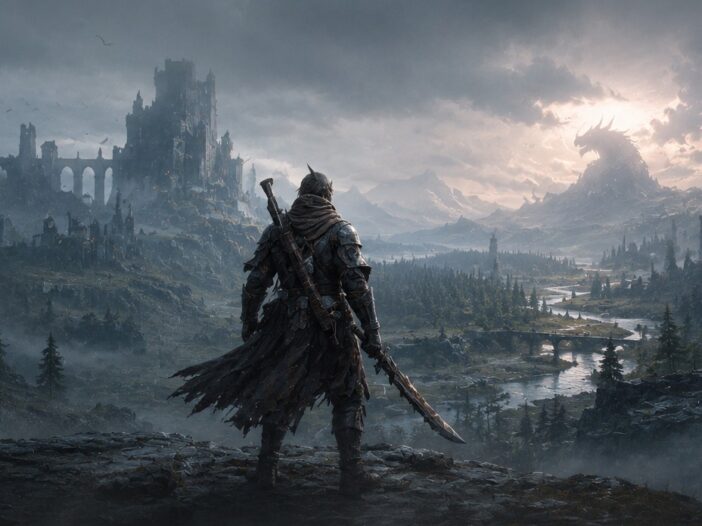 Dark fantasy warrior standing in a vast medieval landscape as a fan-made game expansion takes shape