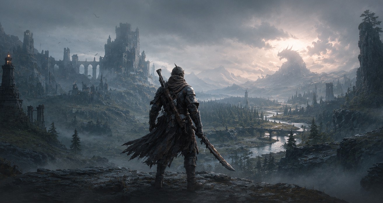 Dark fantasy warrior standing in a vast medieval landscape as a fan-made game expansion takes shape