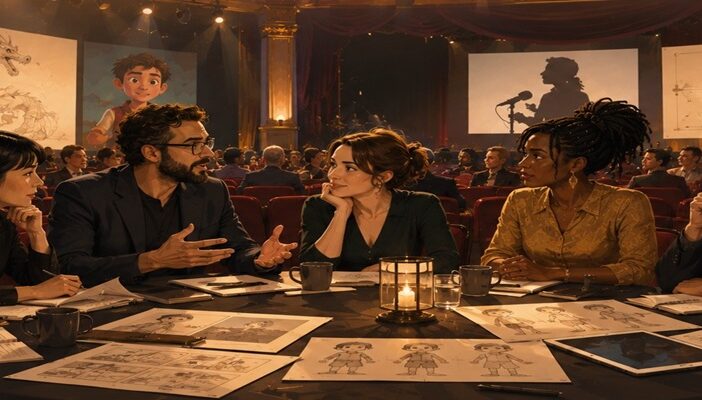 Animated film performers and industry professionals discussing awards recognition at a major entertainment event