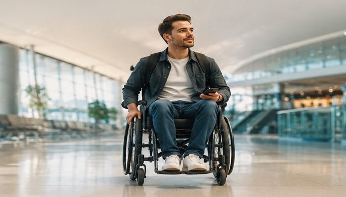 Wheelchair-using voice actor traveling through an airport terminal, highlighting accessibility challenges faced by disabled performers