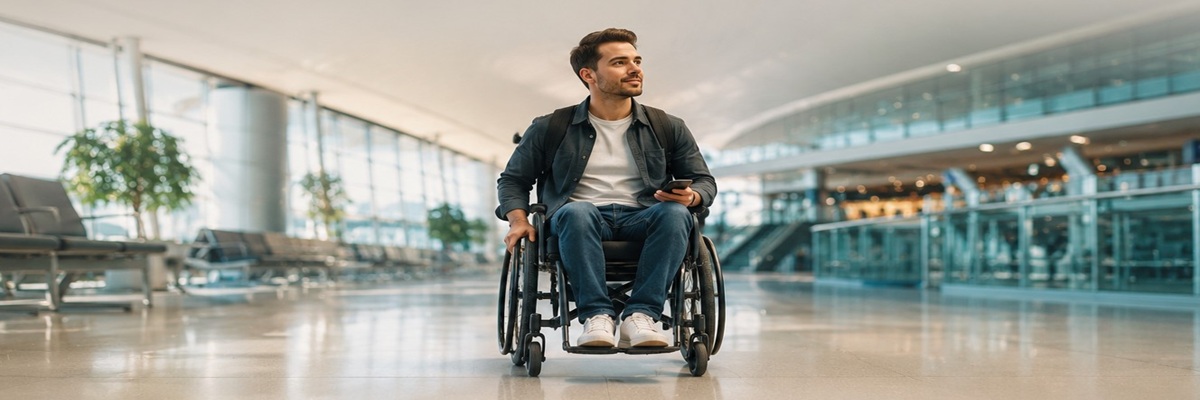 Wheelchair-using voice actor traveling through an airport terminal, highlighting accessibility challenges faced by disabled performers