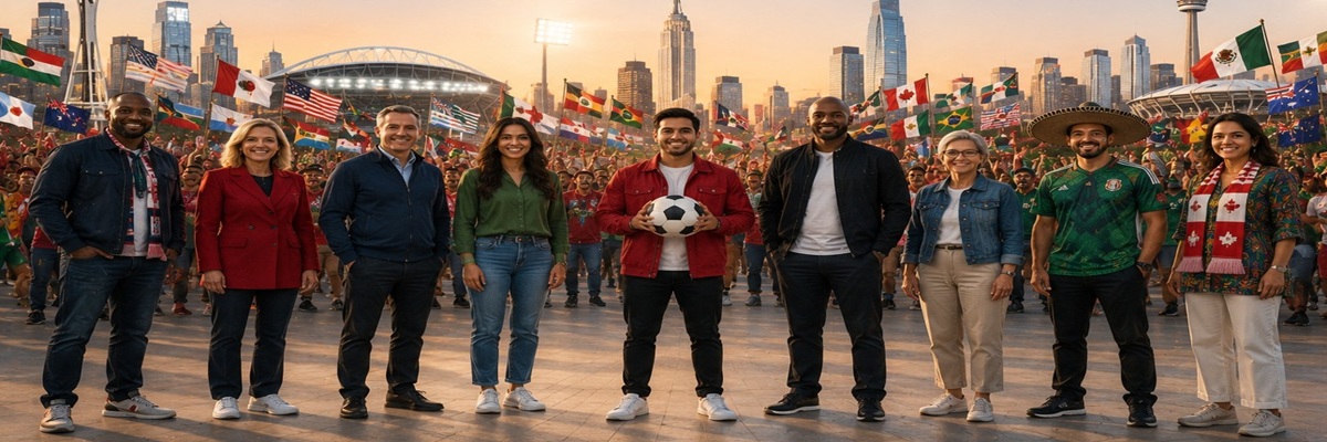 World Cup host cities represented through familiar voices, public figures, and global fan celebrations