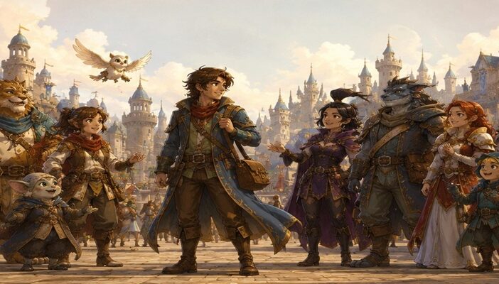 Fantasy adventuring party welcoming a charismatic new hero in a richly detailed animated world