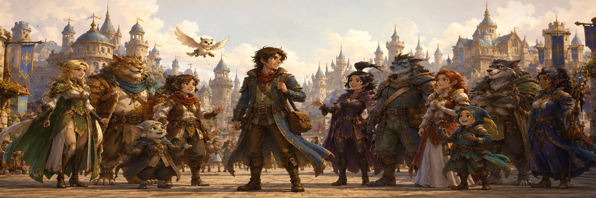 Fantasy adventuring party welcoming a charismatic new hero in a richly detailed animated world