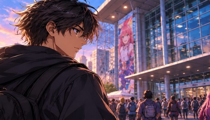 Anime-style illustration of an attendee looking back at a busy convention center, representing Maxey Whitehead's withdrawal from Anime Matsuri.