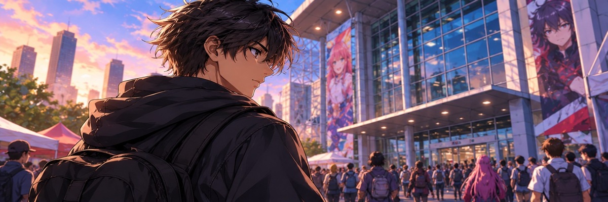 Anime-style illustration of an attendee looking back at a busy convention center, representing Maxey Whitehead's withdrawal from Anime Matsuri.