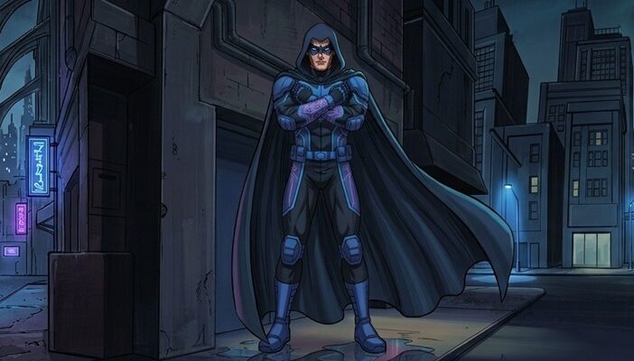 A masked superhero in blue and black armor stands with crossed arms on a dark, rainy city street.