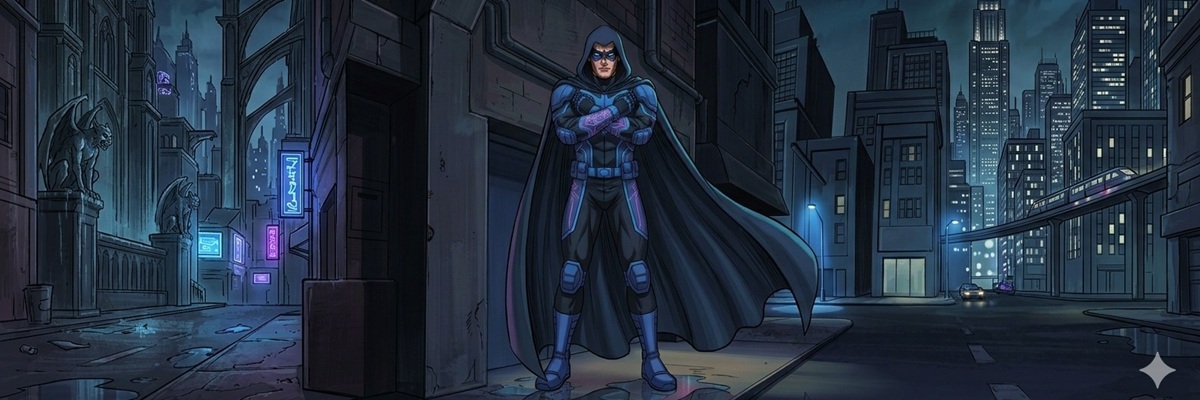 A masked superhero in blue and black armor stands with crossed arms on a dark, rainy city street.