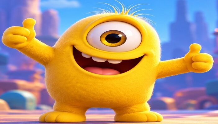 Colorful 3D animated illustration of cheerful one-eyed yellow monsters and their companions running through a whimsical fantasy landscape, inspired by Minions & Monsters.