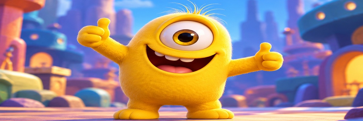 Colorful 3D animated illustration of cheerful one-eyed yellow monsters and their companions running through a whimsical fantasy landscape, inspired by Minions & Monsters.