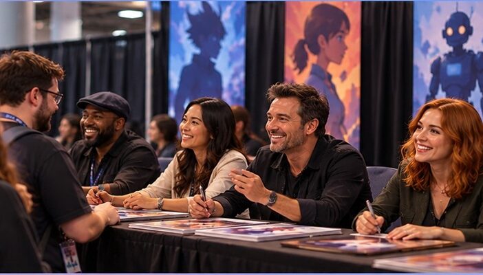 A diverse group of voice actors meeting fans and signing autographs at a busy comic convention, highlighting voice talent appearances at San Diego Comic-Con 2026.